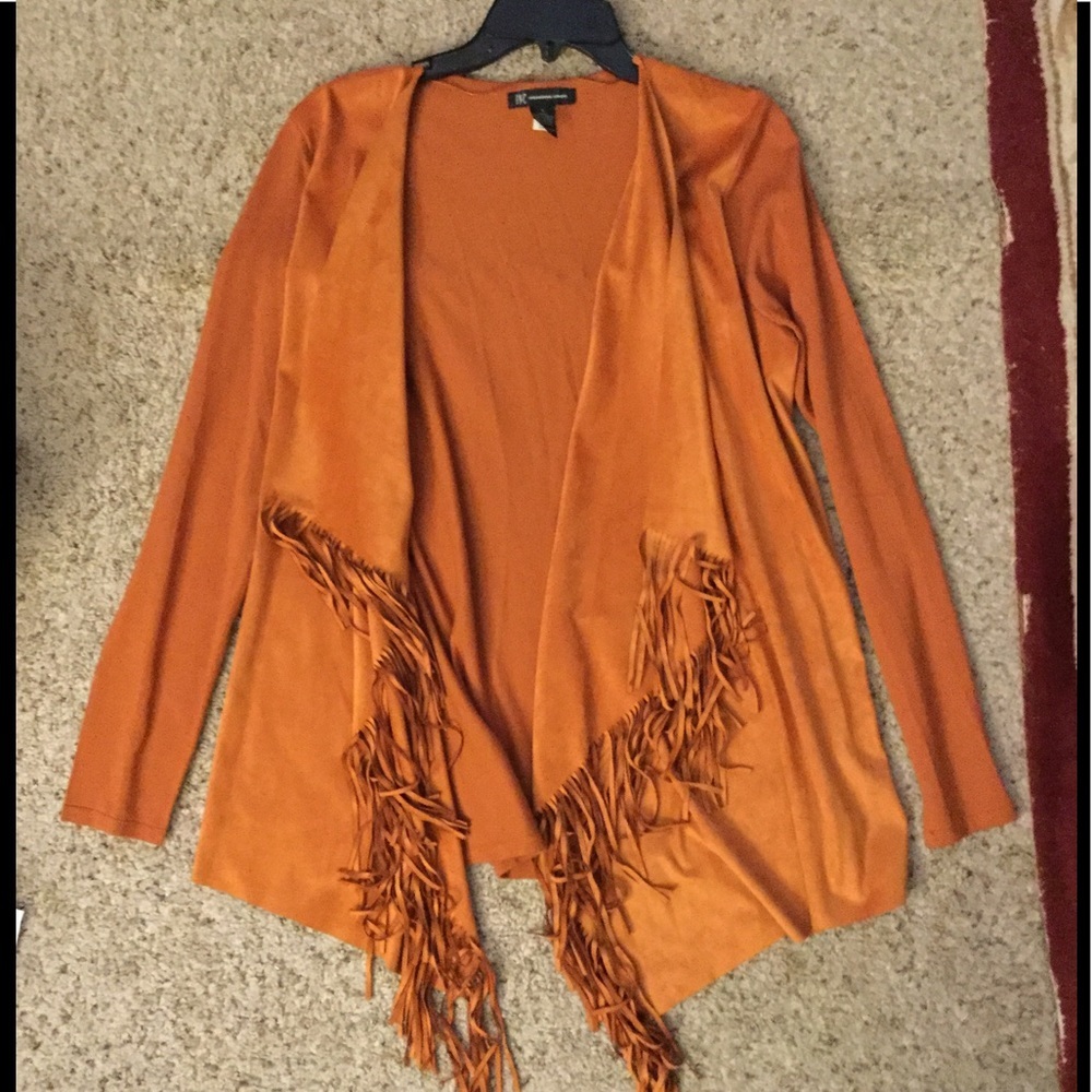 INC International Concepts VTG Fringe Rust Orange Duster Shrug Kimono Jacket Y2K